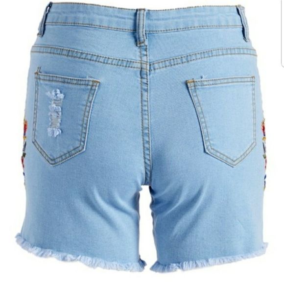 Ananda Denim Blue Distressed Embroidery Short - Picture 3 of 3